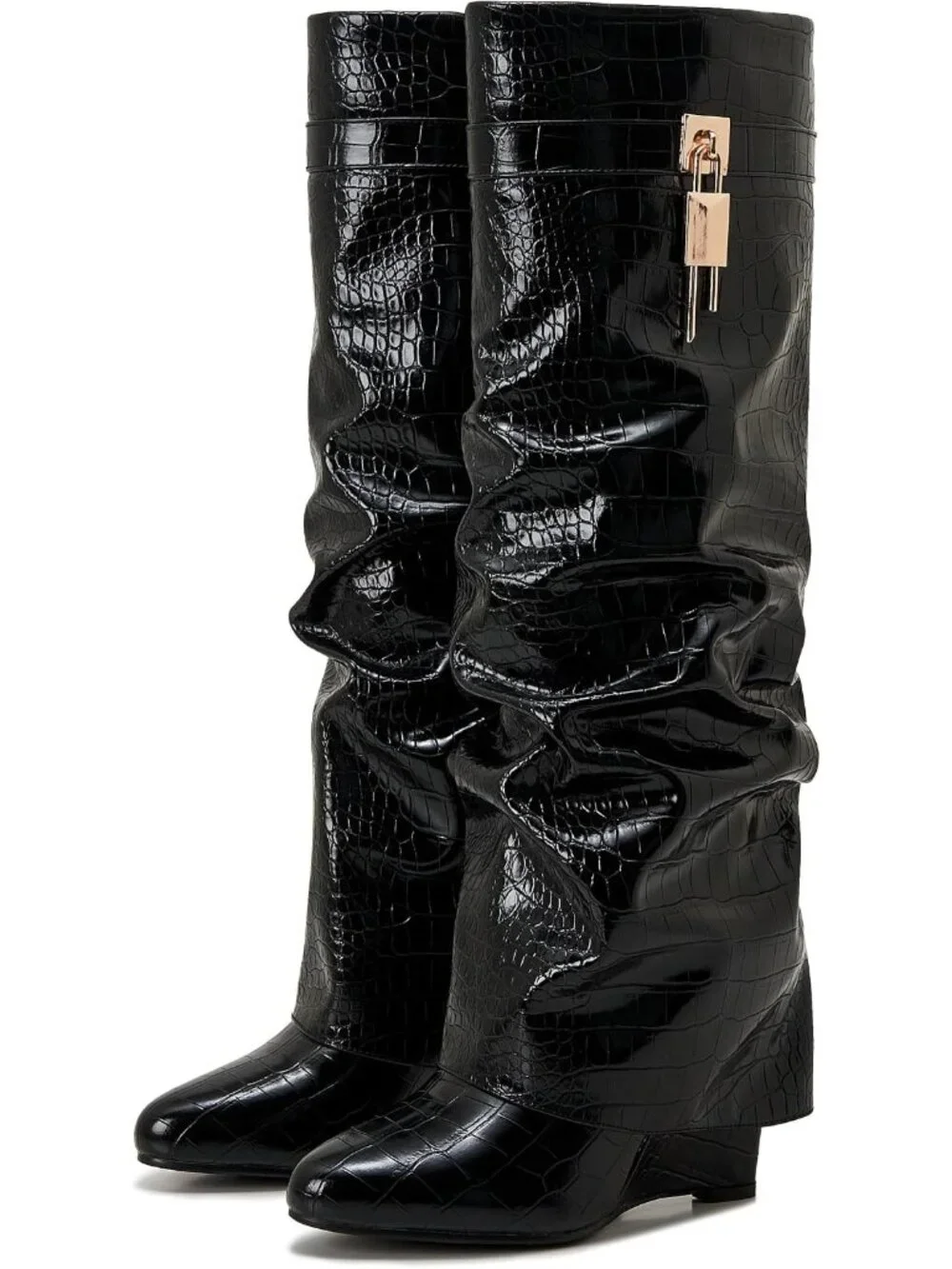 Women's Black Crocodile Pointed Toe Wedge Heel Side Zipper Knee High Shark Boots